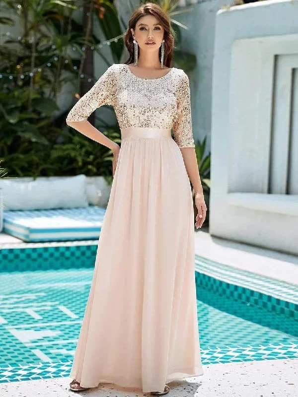 elegant-round-neckline-3-4-sleeve-sequins-patchwork-evening-dress-ep00683