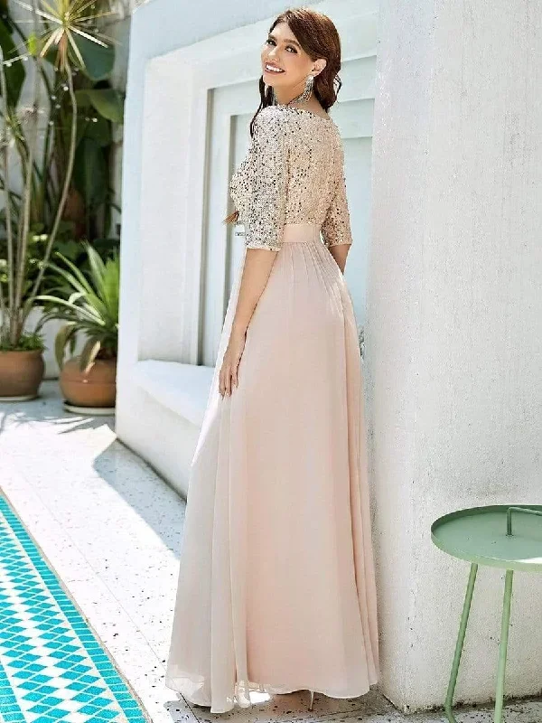 elegant-round-neckline-3-4-sleeve-sequins-patchwork-evening-dress-ep00683