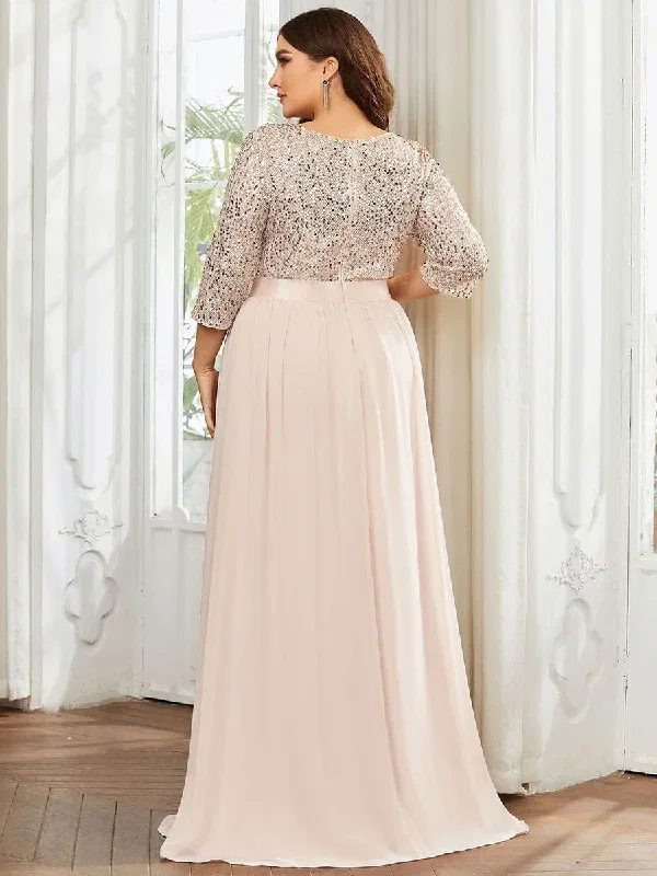 elegant-round-neckline-3-4-sleeve-sequins-patchwork-evening-dress-ep00683