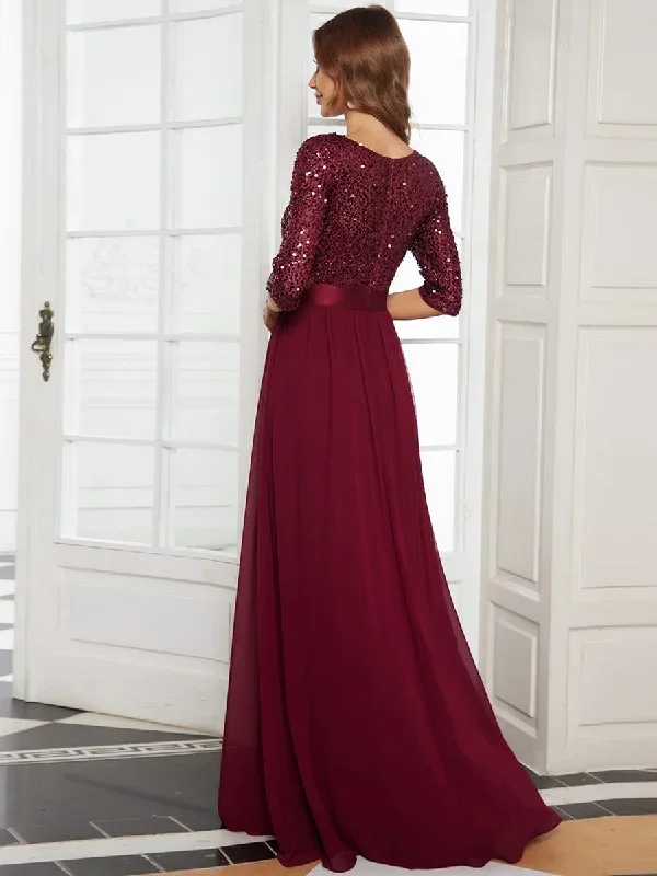 elegant-round-neckline-3-4-sleeve-sequins-patchwork-evening-dress-ep00683