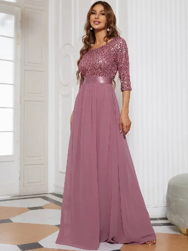 elegant-round-neckline-3-4-sleeve-sequins-patchwork-evening-dress-ep00683