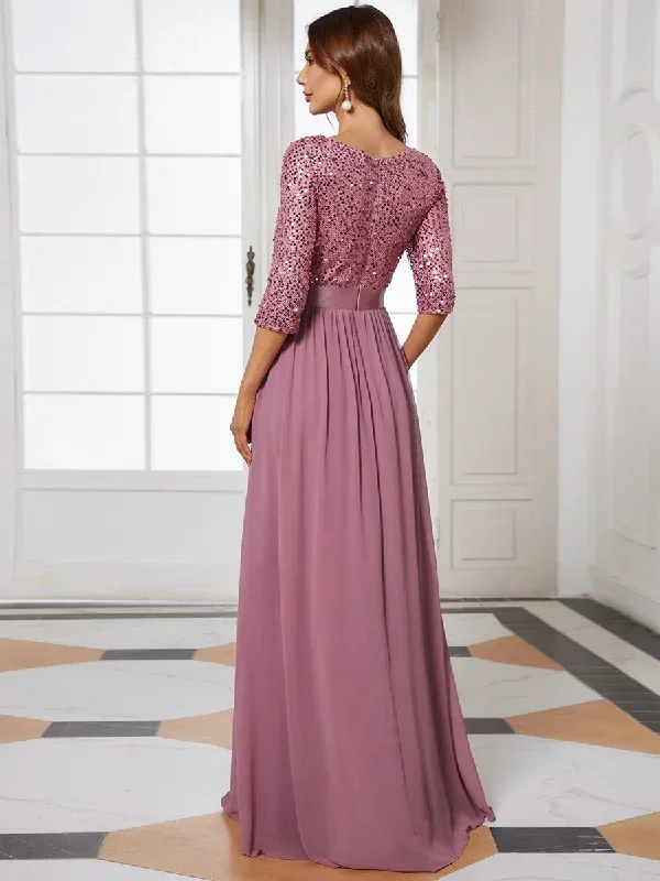 elegant-round-neckline-3-4-sleeve-sequins-patchwork-evening-dress-ep00683