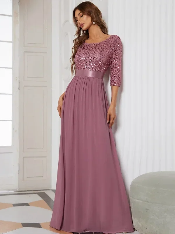 elegant-round-neckline-3-4-sleeve-sequins-patchwork-evening-dress-ep00683