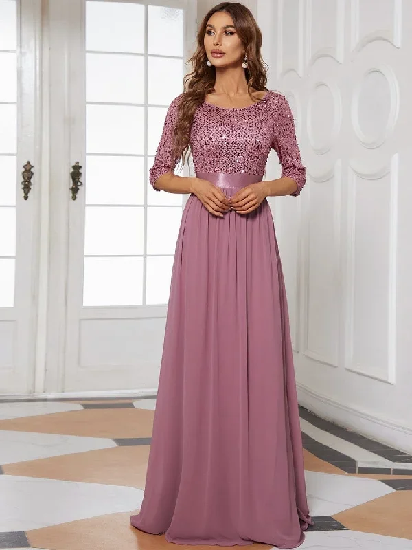 elegant-round-neckline-3-4-sleeve-sequins-patchwork-evening-dress-ep00683