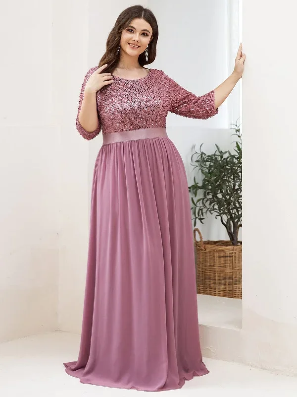 elegant-round-neckline-3-4-sleeve-sequins-patchwork-evening-dress-ep00683