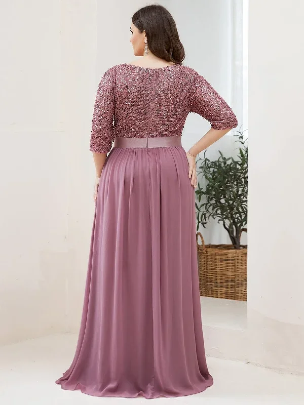 elegant-round-neckline-3-4-sleeve-sequins-patchwork-evening-dress-ep00683