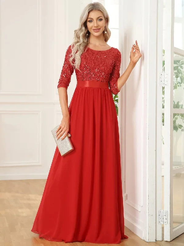 elegant-round-neckline-3-4-sleeve-sequins-patchwork-evening-dress-ep00683