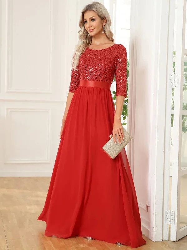 elegant-round-neckline-3-4-sleeve-sequins-patchwork-evening-dress-ep00683