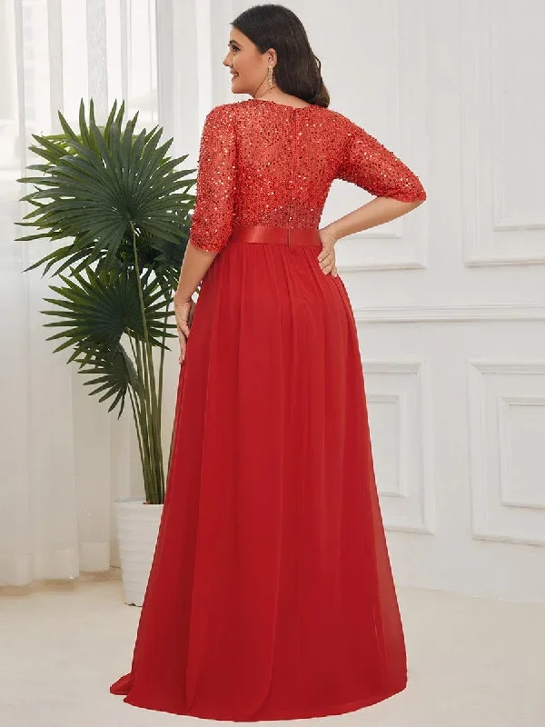 elegant-round-neckline-3-4-sleeve-sequins-patchwork-evening-dress-ep00683