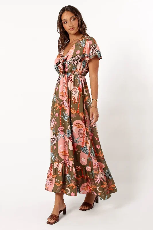 Everly Short Sleeve Maxi Dress - Olive Print