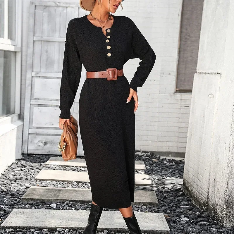 Casual Loose Knitted Sweater Button Solid Autumn/Winter Midi Dress