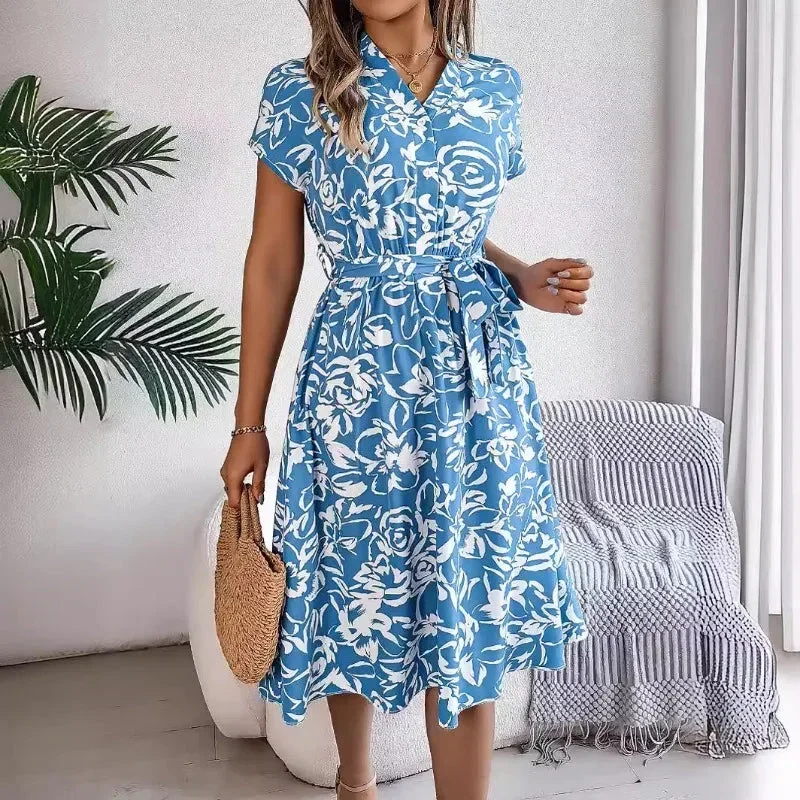 Fashion Elegant Floral Print Button Bat Sleeve A-line Midi Dress