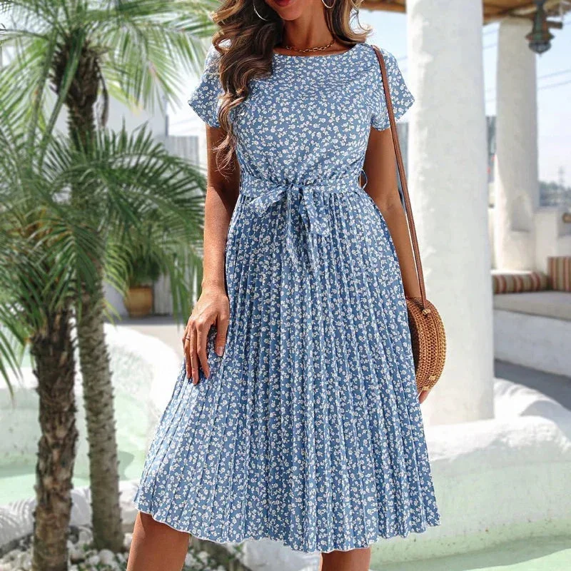 Elegant Floral Print Pleated Slim Lace-up Short Sleeve Midi Dress