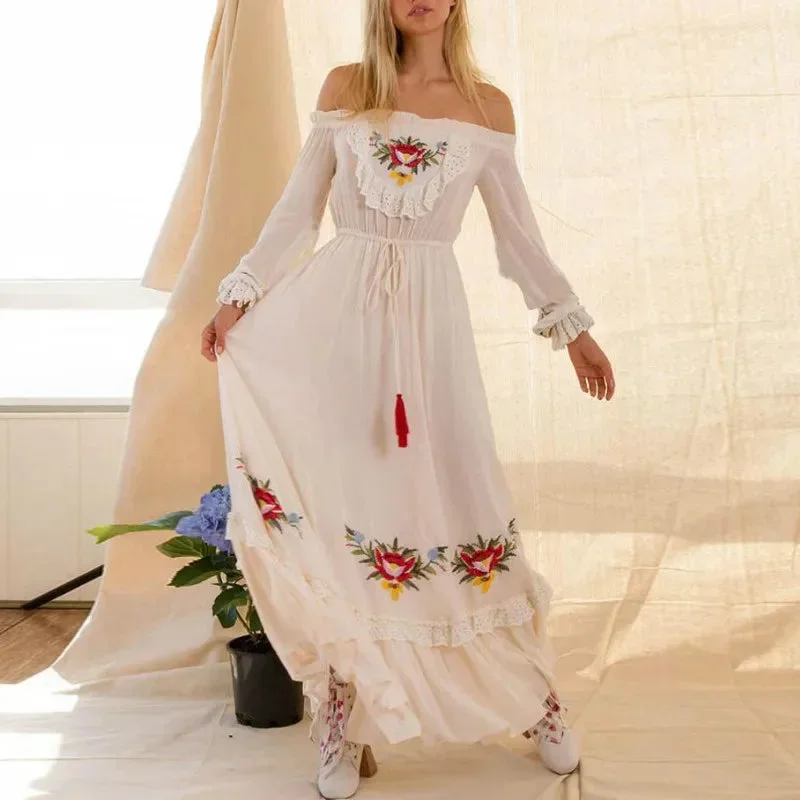 FashionSierra-Off The Shoulder Long Sleeve Maxi Women Vintage White Embroidery Lace Autumn Vestidos Casual Tassel Long Robe Boho Dress