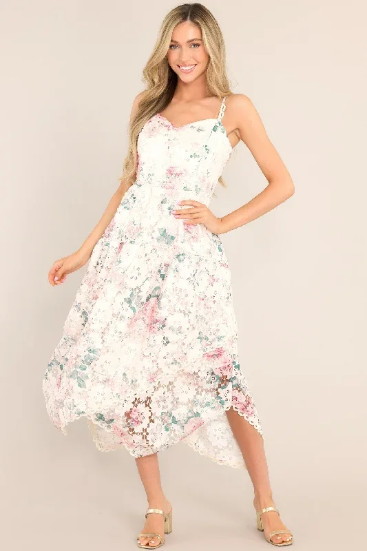 Flirt For Fun Ivory Floral Print Lace Midi Dress