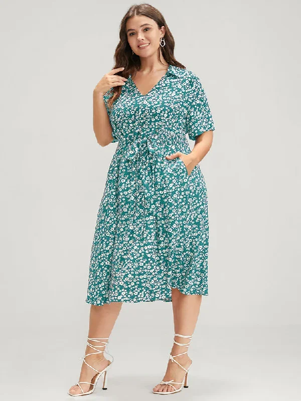 Floral Knotted  Pocket Shirred Midi Dress