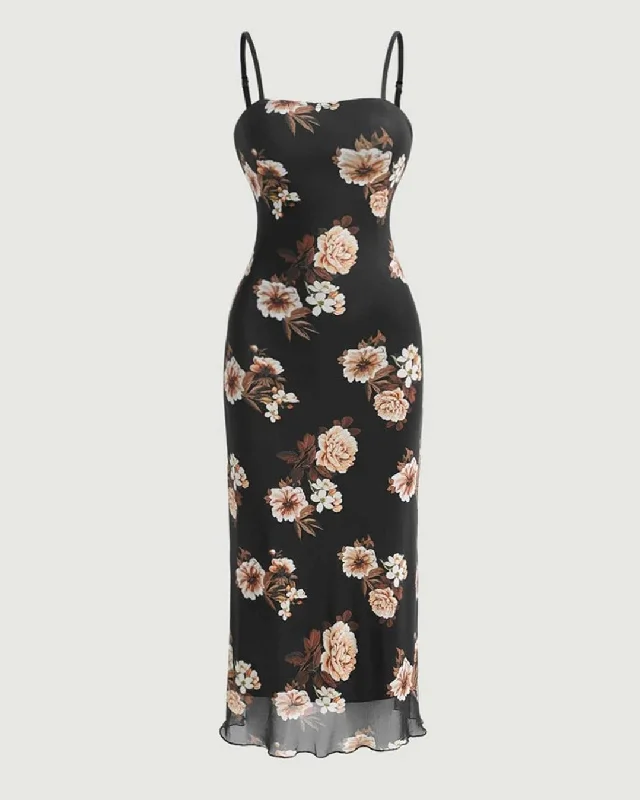 Floral Print Lettuce Trim Sheer Cami Dress