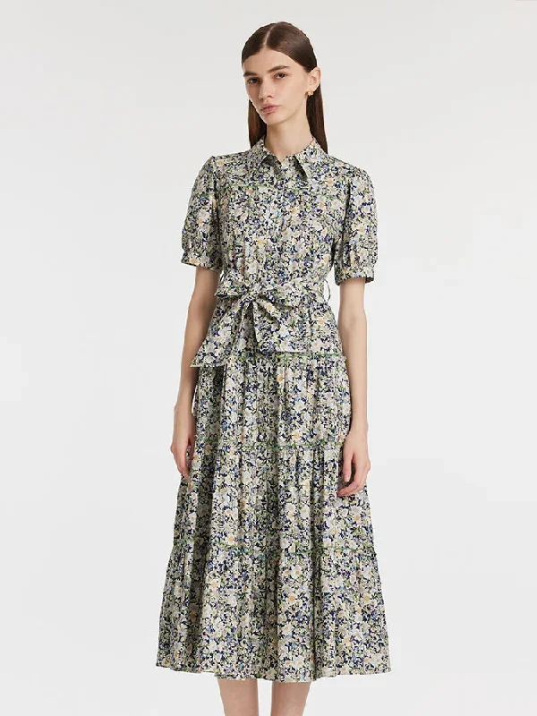 Floral Printed Lapel Tiered Women Midi Dress With Belt