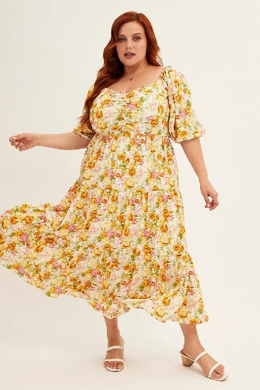 Floral Print Short Puff Sleeve Multi Floral Rayon Midi Dress