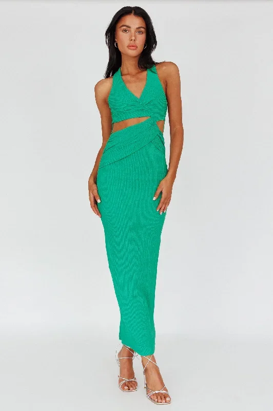 Giulia Cut-out Ribbed Halterneck Midi Dress Green