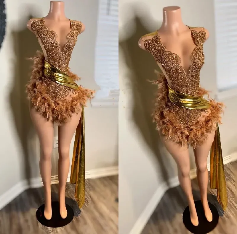 gold-luxury-short-prom-homecoming-dresses-sparkly-crystal-beaded-feather-black-girl-birthday-gown-vestidos-de-gala-mujer