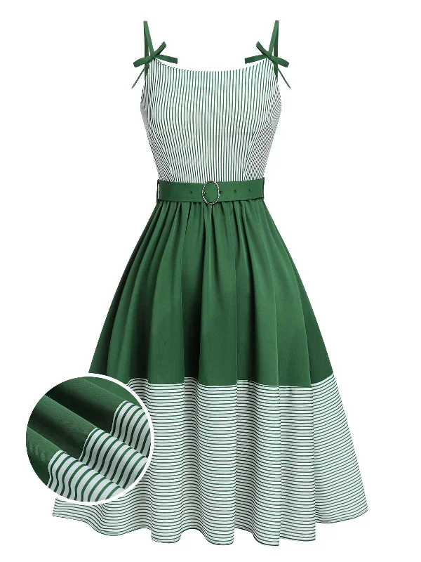 [Pre-Sale] Green 1940s Spaghetti Strap Stripes Patchwork Belted Dress