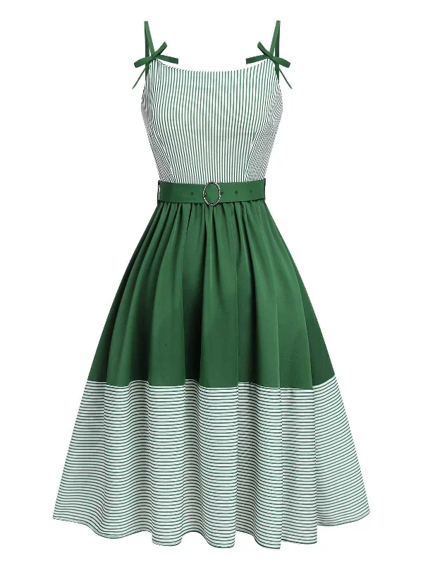 green-1940s-spaghetti-strap-stripes-patchwork-belted-dress