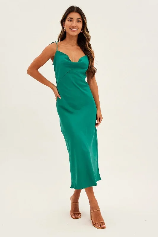 Green Maxi Dress Cowl Neck Satin