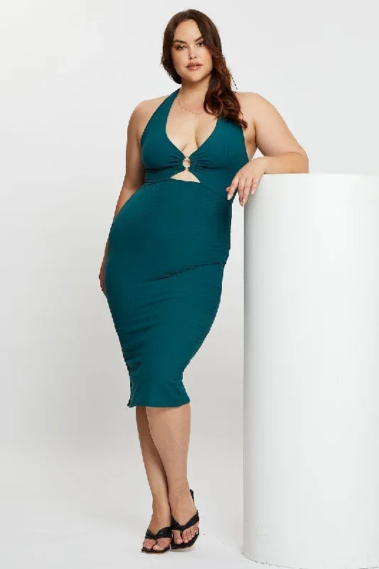 Green Midi Bodycon Dress Halter Jersey