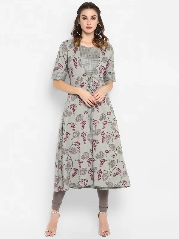 Grey Cotton Floral Print A-line Kurta