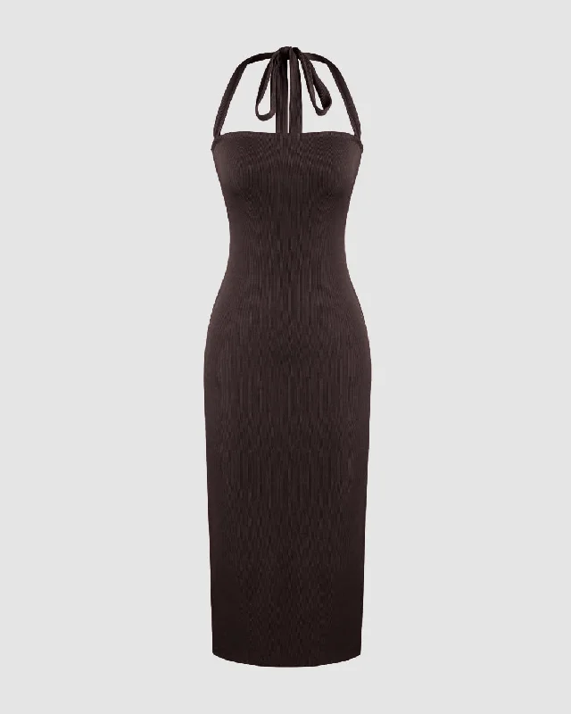 Halter Neck Backless Bodycon Dress In Dark Brown