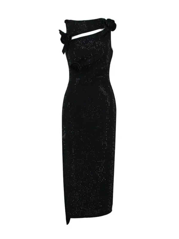 hecate-flower-embellished-bandage-midi-dress-in-black