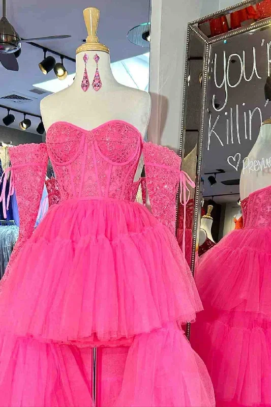 hot-pink-off-shoulder-a-line-tulle-layers-applique-hi-low-prom-dress