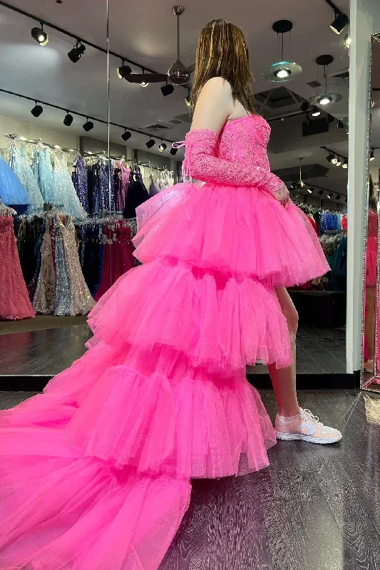 hot-pink-off-shoulder-a-line-tulle-layers-applique-hi-low-prom-dress