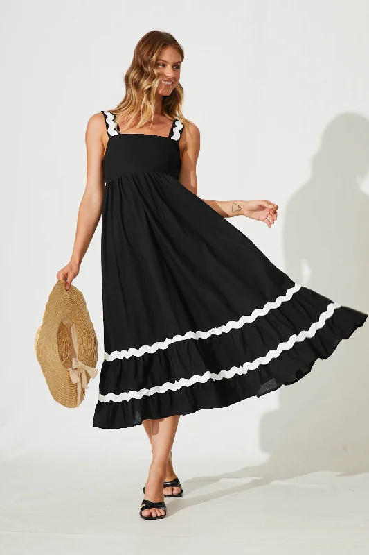 Idol Midi Sundress In Black With White Ric Rac Trim Cotton