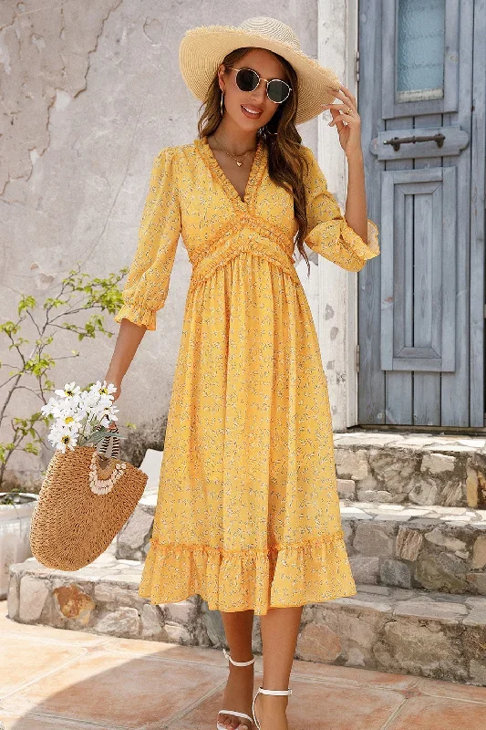 Jaune Manches Longues Floral Boho Maxi Robe