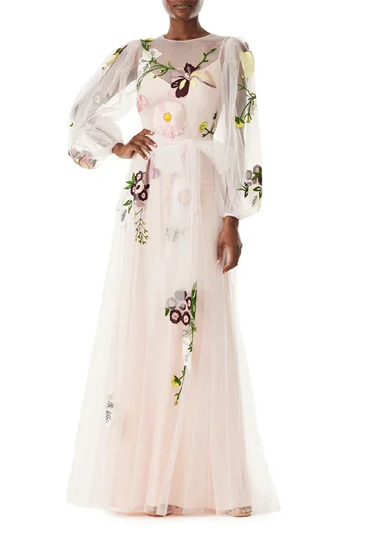 Jewel Neck Puffed Sleeve Embroidered Tulle Gown