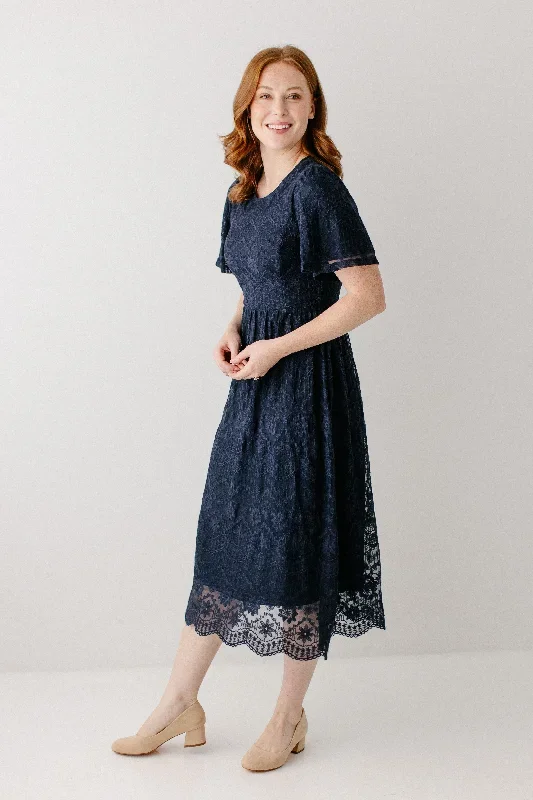 'Katerina' Embroidered Mesh Midi Dress in Navy