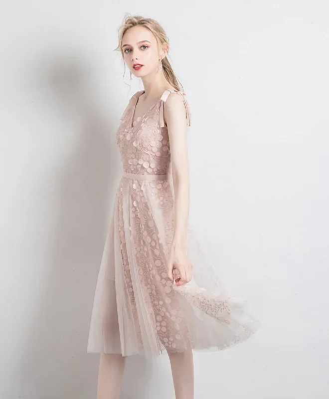 Light Pink Tulle V Neck Lace Short Prom Dress Tulle Lace Homecoming Dress