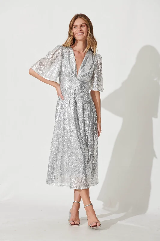 Livorno Midi Dress In Silver Sequin