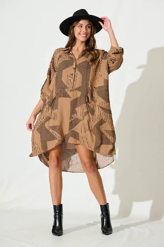 London Midi Smock Dress In Brown Print