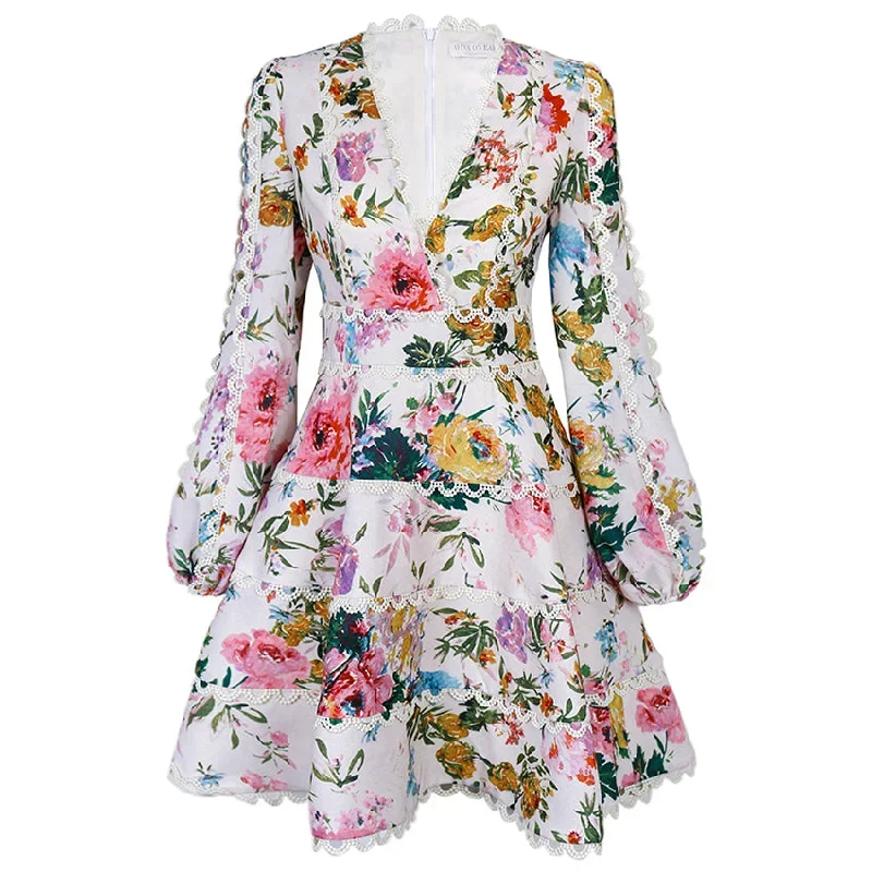 Aviva on Earth -Long Puff Sleeve Deep V-Neck Floral Fit & Flare Dress