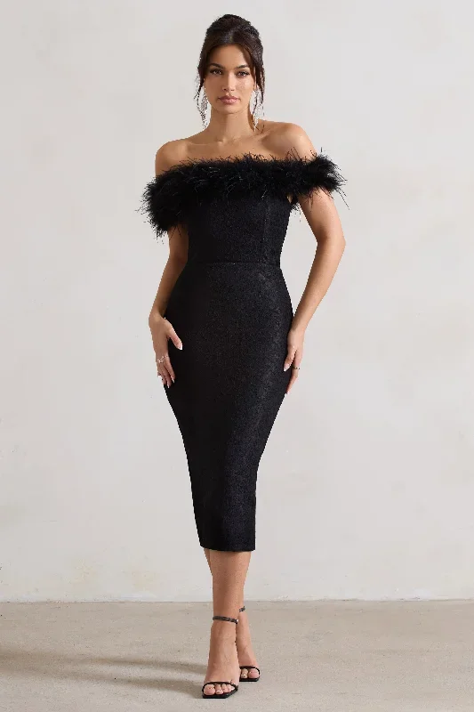 Maiden | Black Lace Bardot Midi Dress With Feather Trim