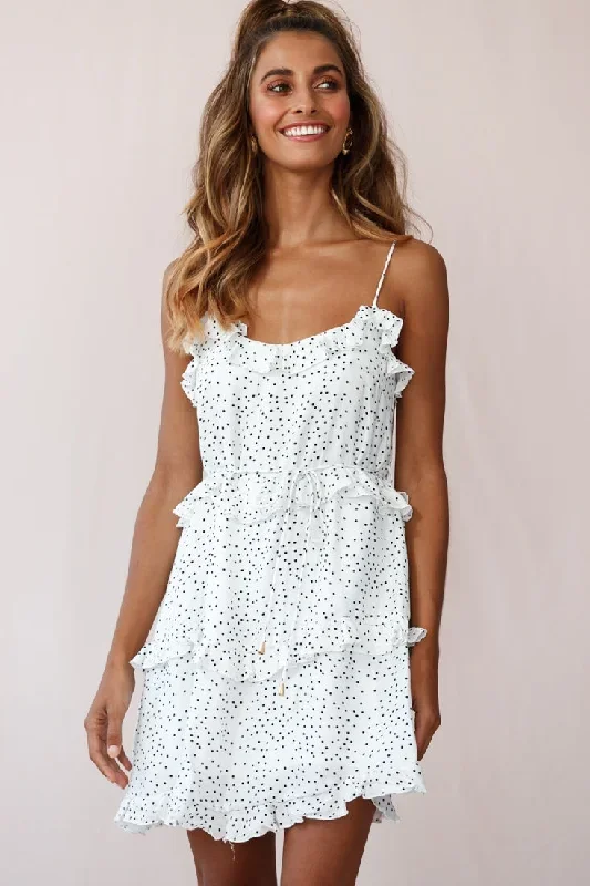 Maria Frill Trim Polka Dot Dress White