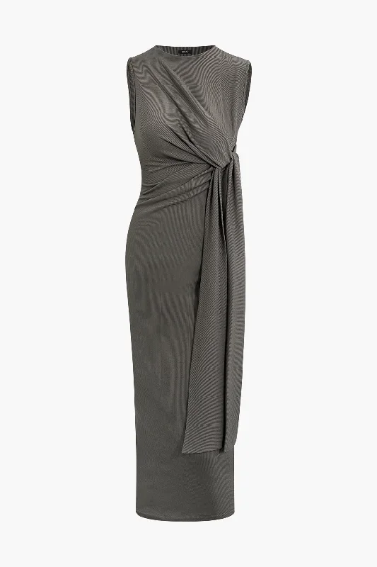 Mock Neck Wrap Knot Sleeveless Midi Dress