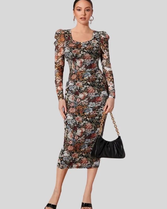 Mesh Floral Print With Lettuce Leaf Midi Dress