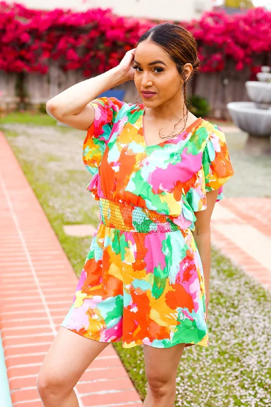 multicolor-abstract-floral-smocked-waist-v-neck-flutter-sleeve-romper