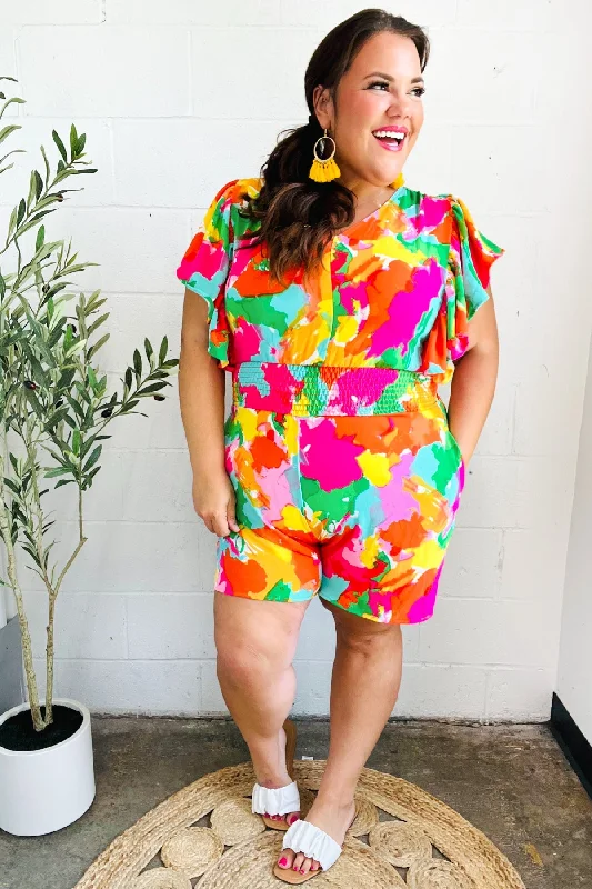 multicolor-abstract-floral-smocked-waist-v-neck-flutter-sleeve-romper