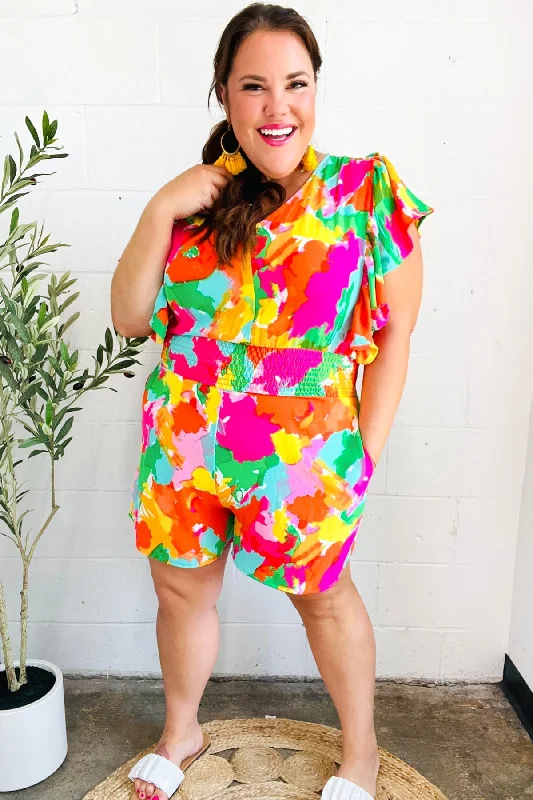 multicolor-abstract-floral-smocked-waist-v-neck-flutter-sleeve-romper