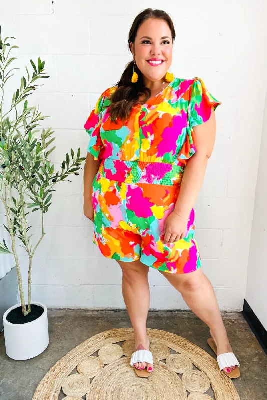 multicolor-abstract-floral-smocked-waist-v-neck-flutter-sleeve-romper